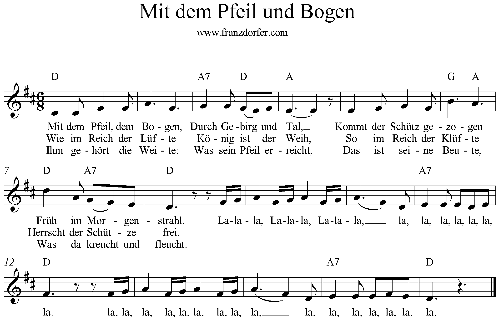 Das Lied über Mich Text Und Noten Mit dem Pfeil und Bogen